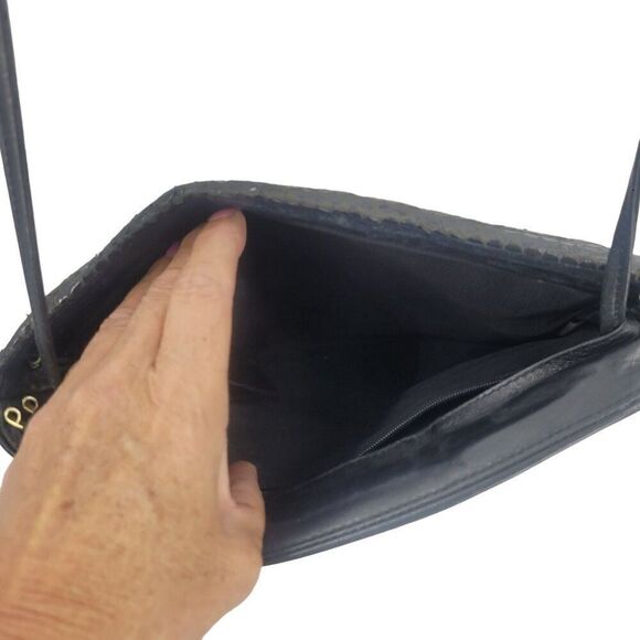 Vintage 80s Black Genuine Leather Snakeskin Embossed Crossbody Bag Formal Glam - Picture 5 of 11